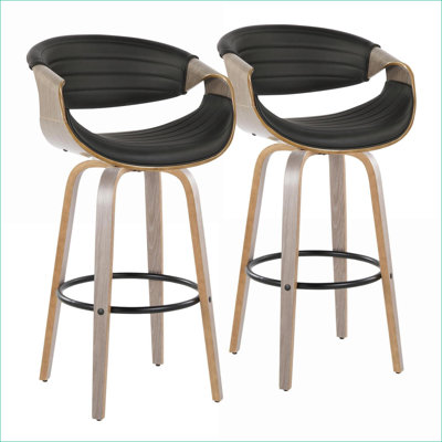 Set of 2 30" Mid-Century Swivel Bar Dining Chairs for Adults, Walnut Brown Wood Pewter Grey Faux Leather, Black Metal Footrest Barstools