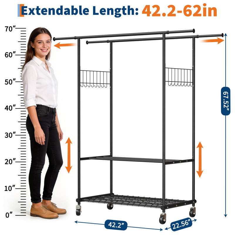 Heavy Duty Clothes Rack Load 550 Lbs, Rolling Clothing Rack with Double Rod & Shelves, Height Adjustable, Portable Wardrobe Organizer Garment Rod for Hanging Clothes
