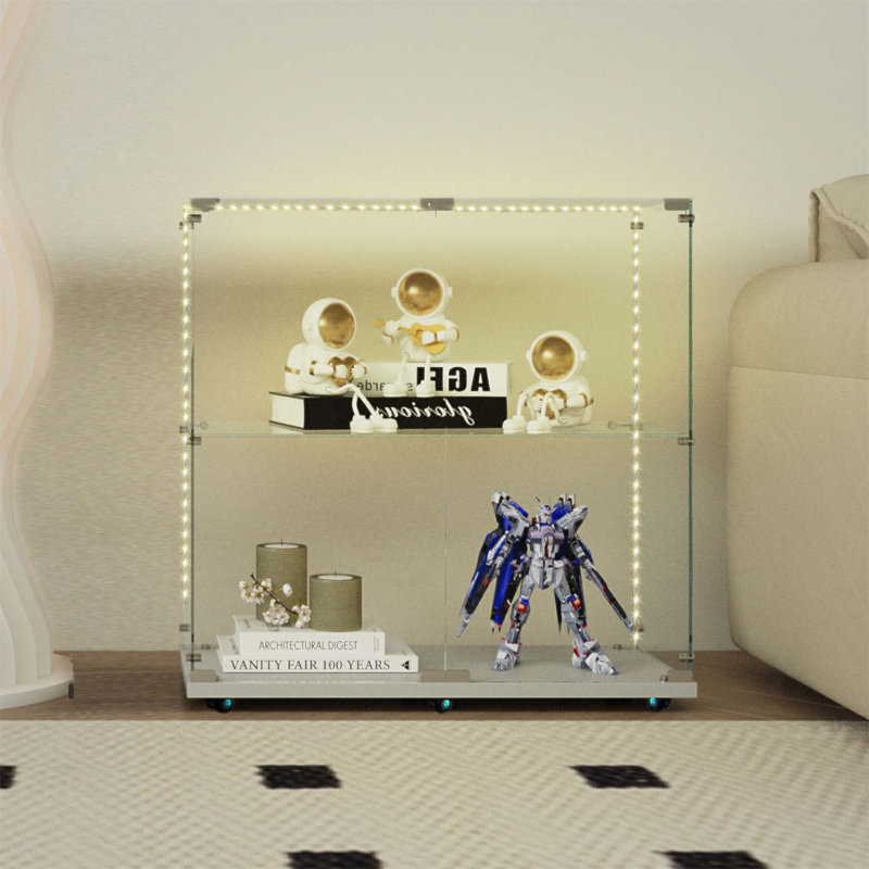 Armoire de présentation et de rangement en verre trempé avec bande lumineuse à DEL, roulettes verrouillables et conception multifonctionnelle pour une utilisation polyvalente
