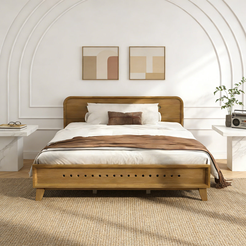 Queen Size Solid Wood Bed Frame with Slat Support for Bedroom, Beige, Queen