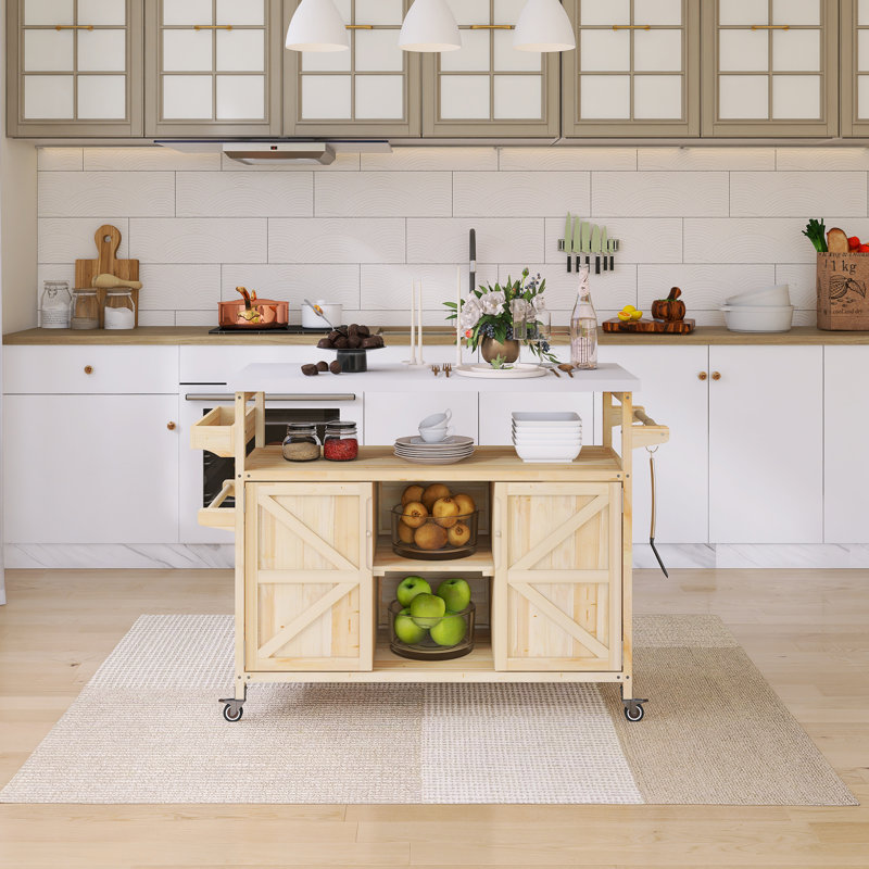 Chariot de cuisine 50 po en acier inoxydable avec support à épices et porte-serviettes, Naturel