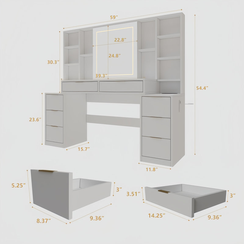 59" Makeup Vanity Desk With Mirror And Lights - Dressing Table With 8 Drawers, Adjustable Brightness, Large Vanity