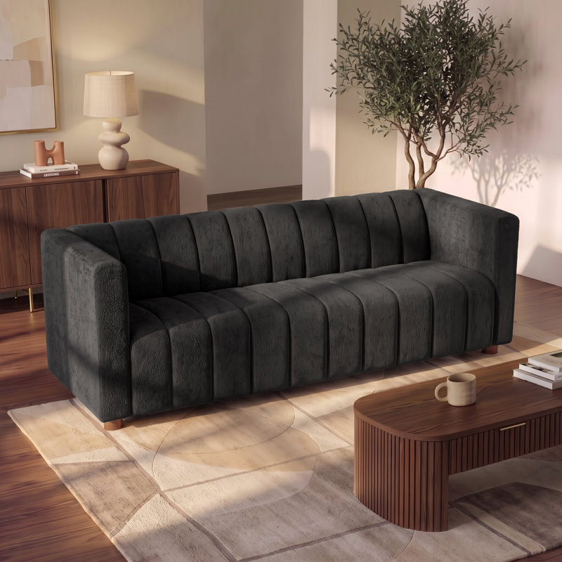 Anorea Modern Boucle Fabric Channel Tufted Sofa, Black