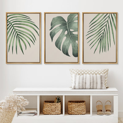 Minimal Botanical Green Tropical Island Monstera Palm Tree Leaves Picture Framed Canvas 3 Piece Print Set Wall Art
