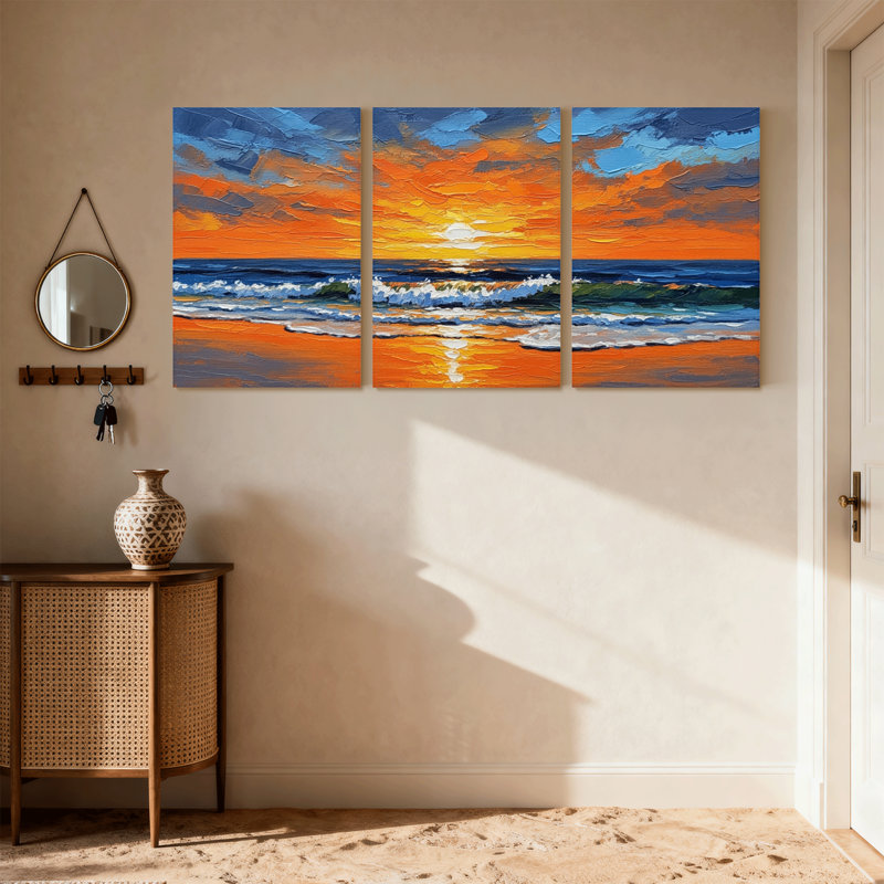Nautique et plage, coucher de soleil, vagues de plage, ciel, ensemble de 3 impressions sur toile, H 18 po x l 36 po