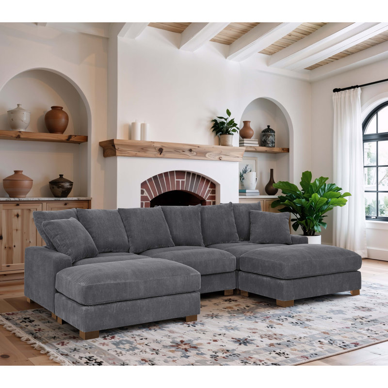 Canapé modulaire réversible Ashira, Velours côtelé gris, H 34 po x l 89 po x P 67,5 po