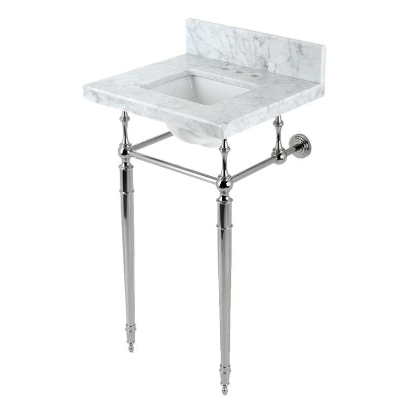 Lavabo de salle de bain rectangulaire avec trop-plein Edwardian, Blanc marbre / nickel poli