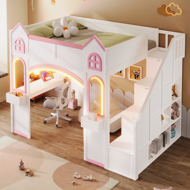 Lit mezzanine en bois pleine grandeur avec escalier de rangement, bureau, fenêtres, tablettes et lumière DEL, blanc et rose clair