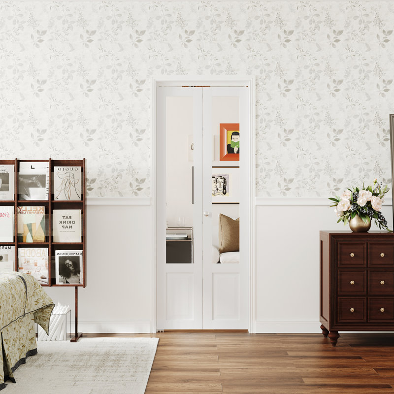 Porte intérieure pliante demi-Lite en panneau de fibres à densité moyenne à miroir blanc, portes de placard pliantes avec quincaillerie, blanc