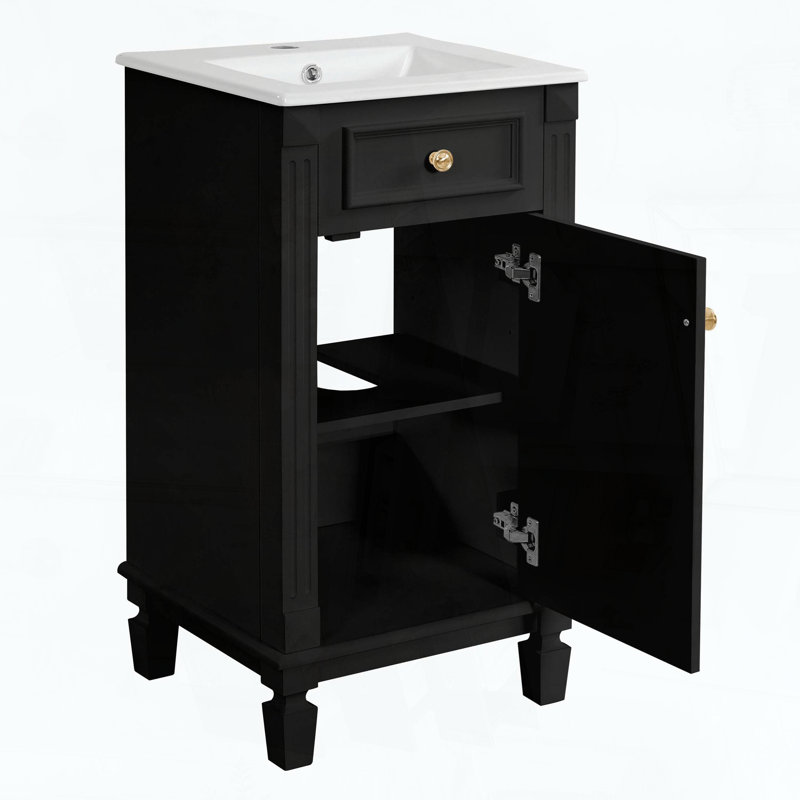 Meuble-lavabo sur pied avec lavabo en céramique, porte à fermeture amortie et tablette réglable, style français, noir, Black