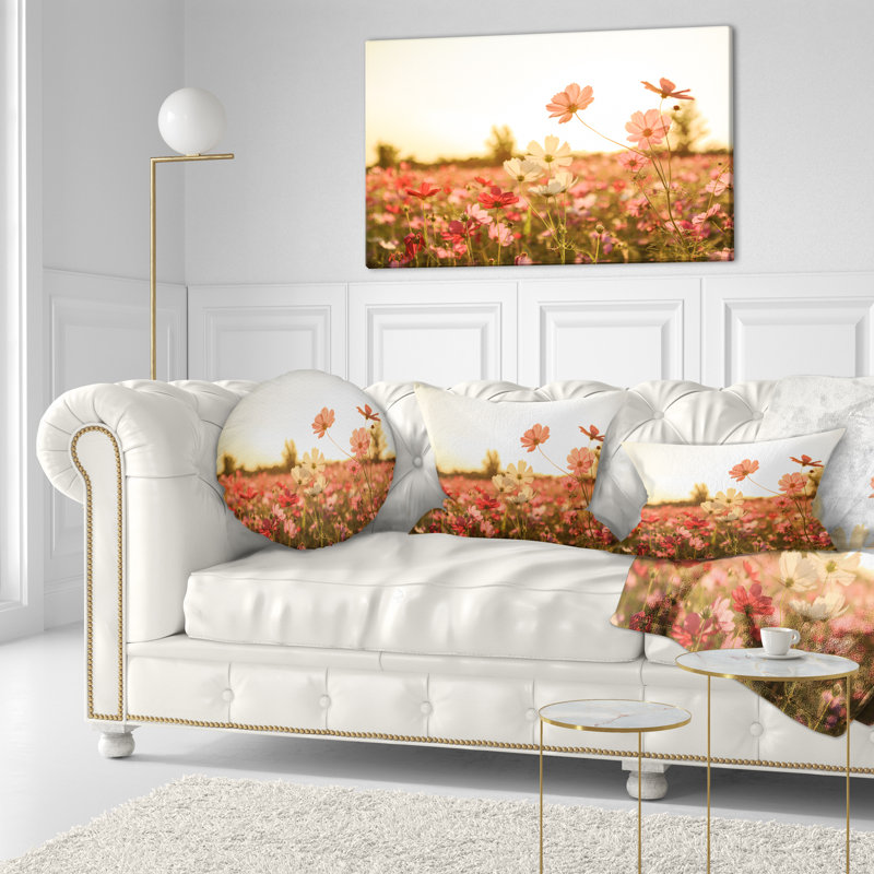 Floral Cosmos Flowers on Sunset Background Lumbar Pillow