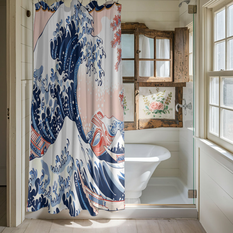 Rideau de douche 1 pièce Kanagawa Crest Design, H 74 po x l 35 po
