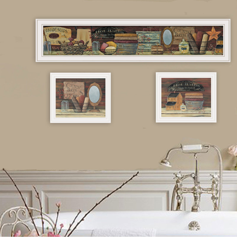 Décoration murale encadrée 3 pièces Country Bath II par Pam Britton, Cadre blanc, H 14 po x l 39 po x P 1 po