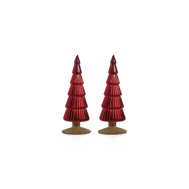 Dembe Classic Red Glass Tree on Gold Glitter Base, Set of 2, 9.5" H x 3.5" W x 3.5" D, Red/Gold