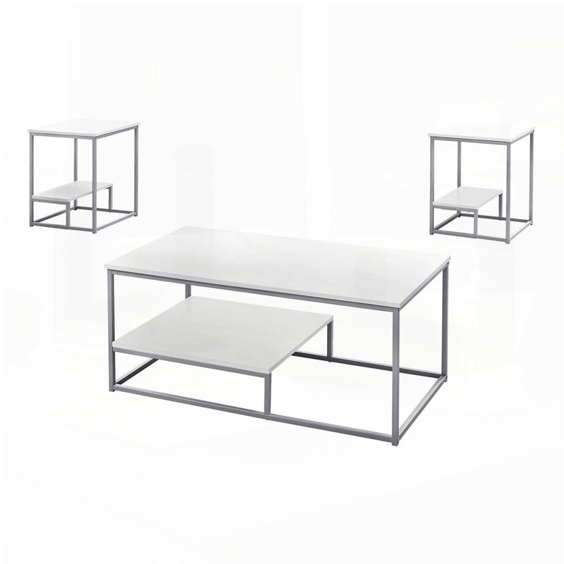 Ensemble de 3 tables basses et tables de bout avec tablette de rangement, Argent, Blanc