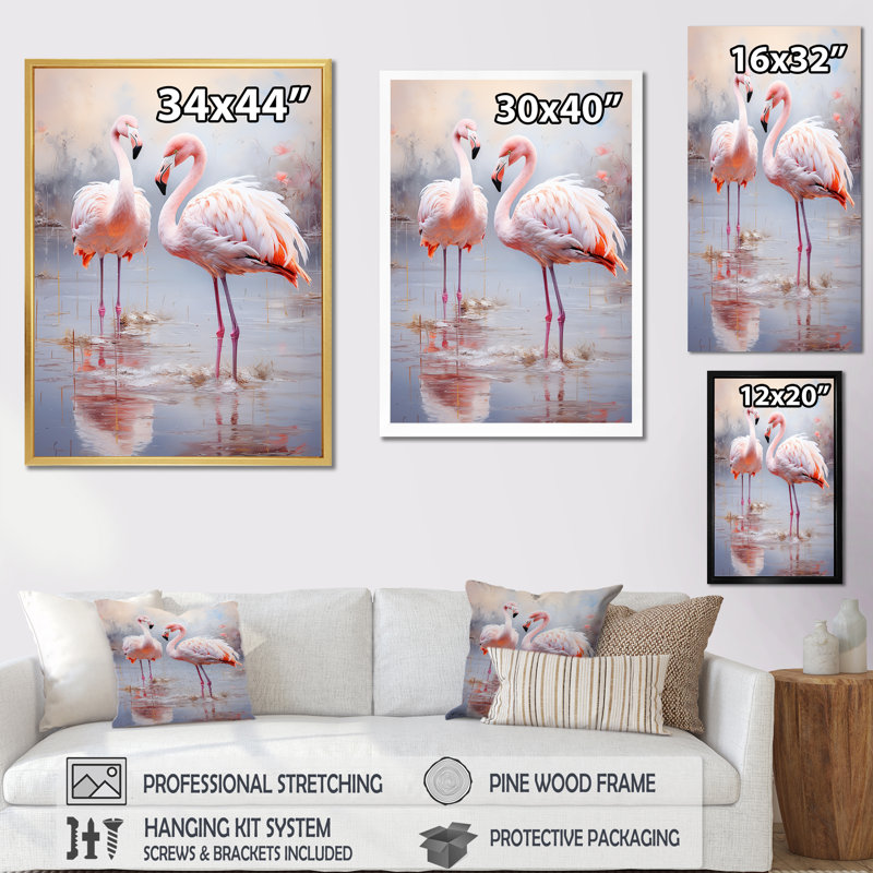 «Grand Flamingo Camargues Calm I» sur toile, Cadre doré simple, H 44 po x l 34 po x P 1,5 po