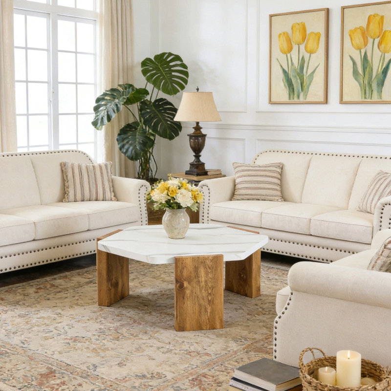 31-Inch Modern-Style Hexagonal Coffee Table,With White Marble Surface.