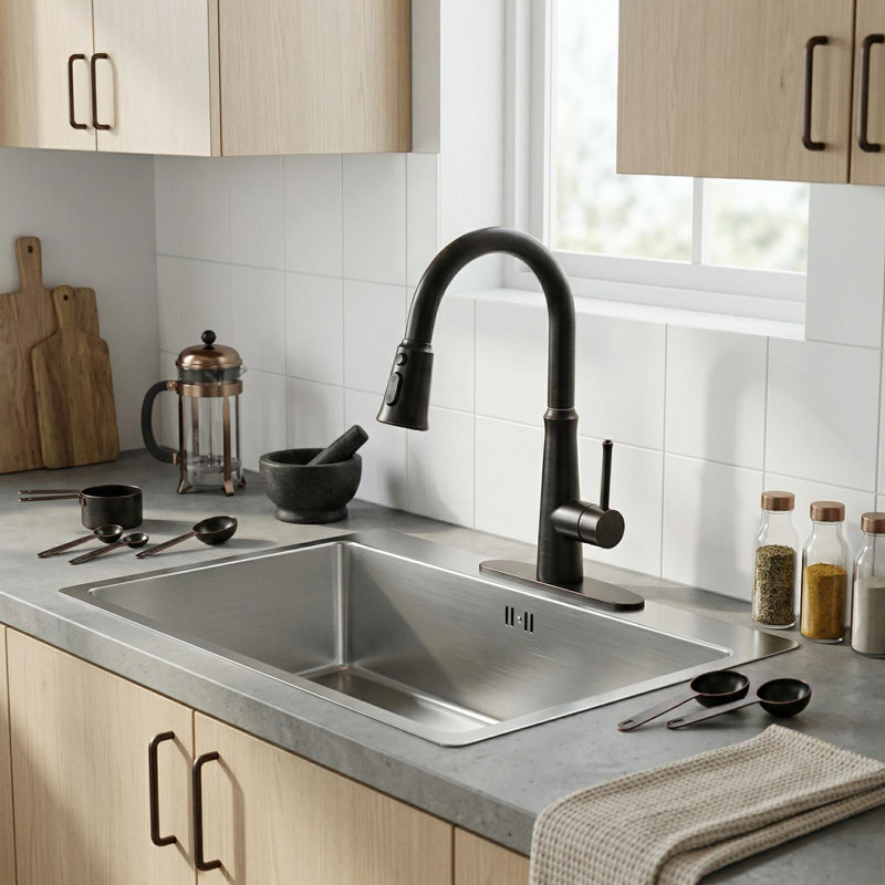 Robinet de cuisine à poignée simple en acier inoxydable avec douchette 3 modes, Bronze huilé