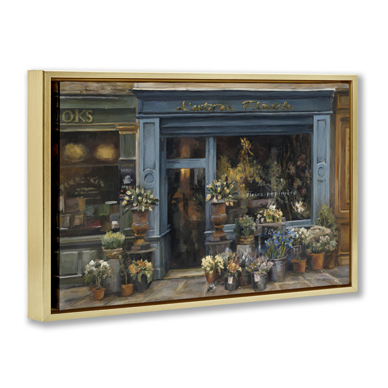 Fleuriste, devant une ville, art encadré flottant par Marilyn Hageman, Cadre flottant métallique doré, H 21 po x l 31 po