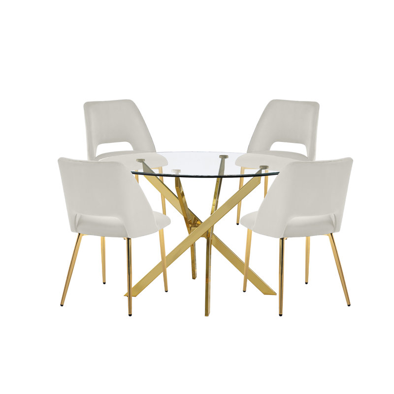 4 - Person Dining Set with Velvet Chairs and Clear Tempered Glass Top, Cream
