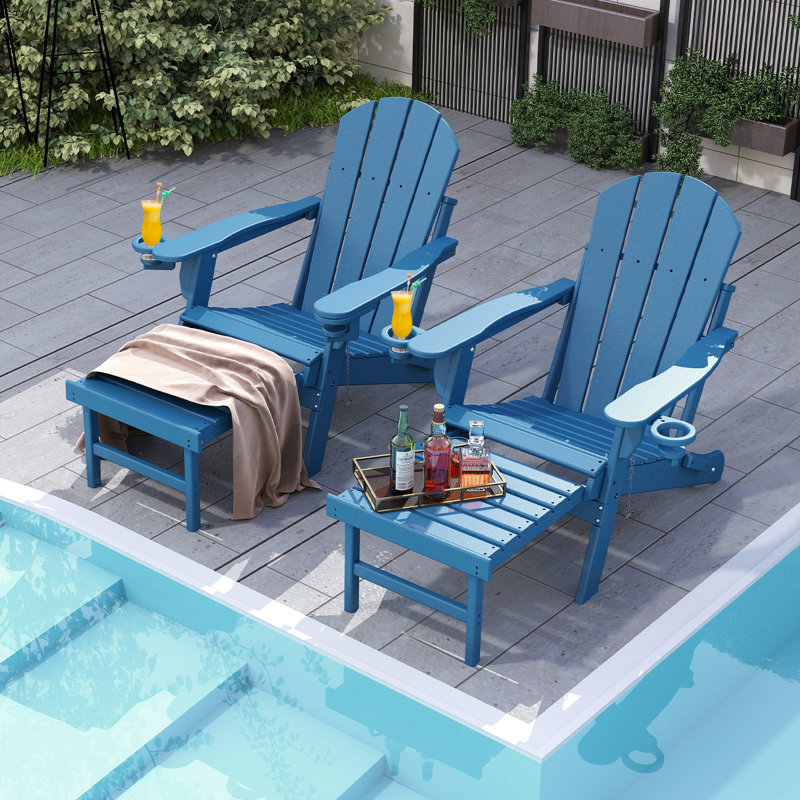 Ensemble de 2 chaises Adirondack pliantes avec repose-pieds et repose-gobelets, Bleu