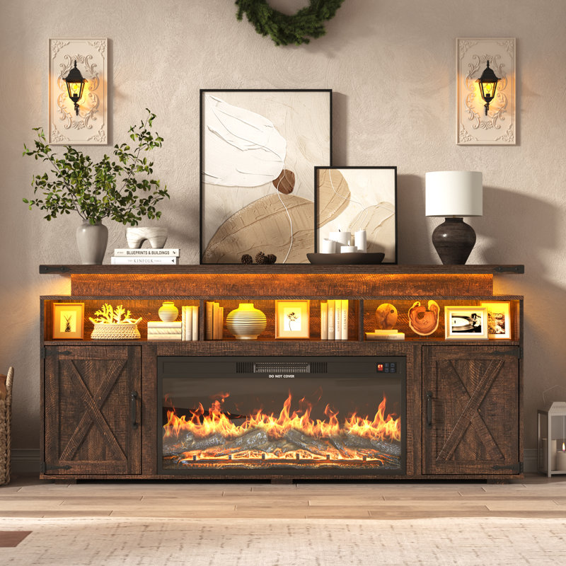 Meuble télé de style ferme avec foyer électrique de 91 cm (36 po) pour téléviseur de 75/80 po, centre multimédia de 81 cm (32 po) de hauteur avec éclairage DEL et prise de courant, console multimédia rustique avec porte coulissante de style grange pour salon