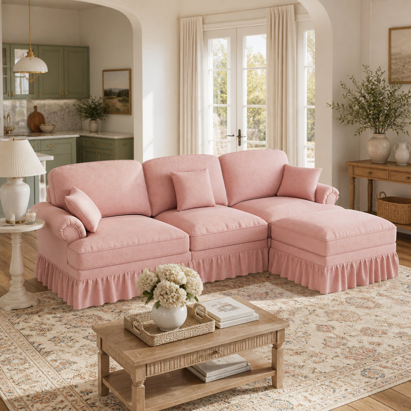 Canapé modulaire en L rose avec repose-pieds et jupes amovibles