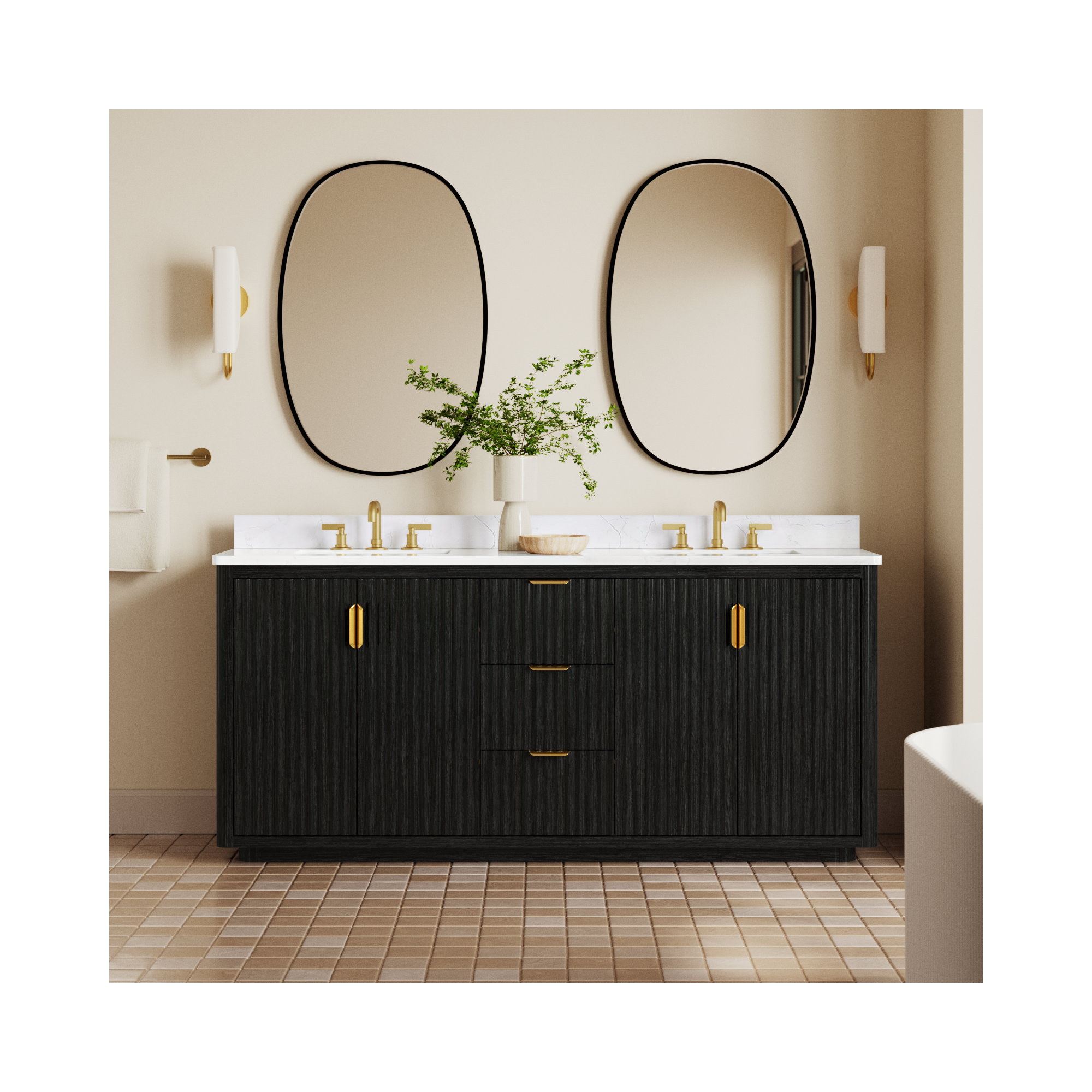 Adela 72'' Double Bathroom Vanity, Gold, White, Black