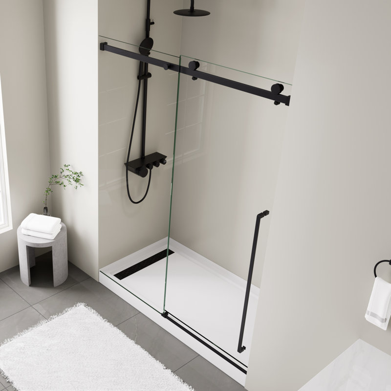 56" - 60" W X 75" H Single Sliding Frameless Shower Door With 5/16" (8mm) Clear Tempered Glass, Stainless Steel Frame, Explosion-Proof Film