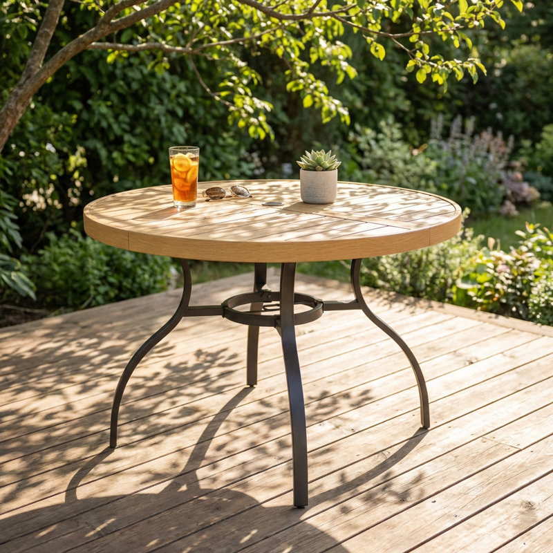 Table de salle à manger ronde à lattes en faux bois avec trou pour parasol, plateau en grain de bois réaliste et structure en fer