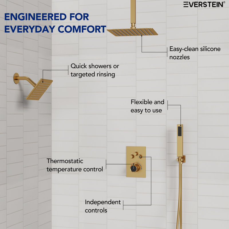 Thermostatic Dual Showerheads System, 12" High-Pressure Rainfall Shower Faucet with Handheld Shower, Brushed Gold