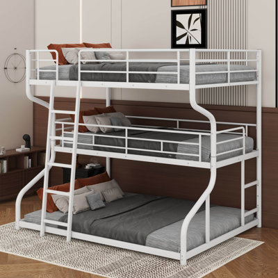 Full XL Over Twin XL Over Queen Size Triple Bunk Bed With Long And Short Ladder