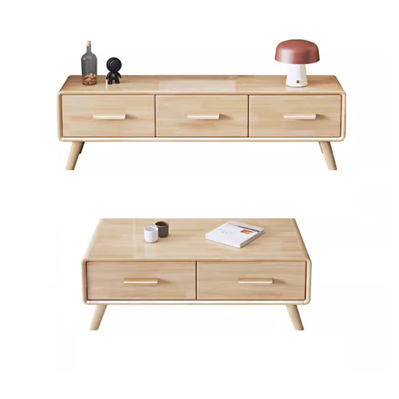 Durable Rubberwood TV And Coffee Table Set 2 - Piece Solid Wood Living Room Table Set