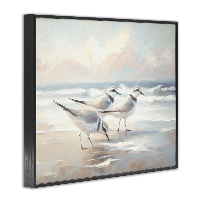 Sandpipers Under Warm Beach Sun, estampe numérique, design par Ramona Murdock, Giclée encadrée noir minuit, H 24 po x l 30 po