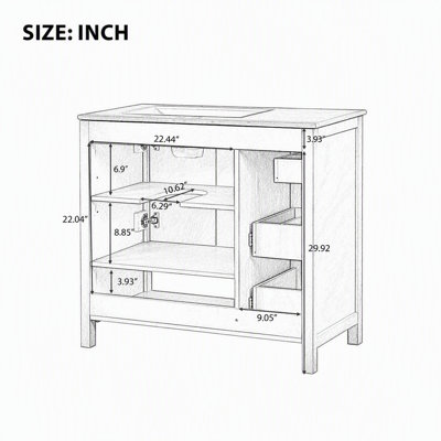 Meuble-lavabo 36 po avec lavabo en céramique, lavabo droit, 2 portes et 2 tiroirs avec tablette ouverte, pieds en bois massif, finition peinte, pour robinet de 8 po