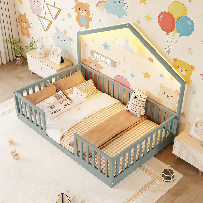 Lit double en bois Montessori avec lumière pour enfants, Lit double, Gris