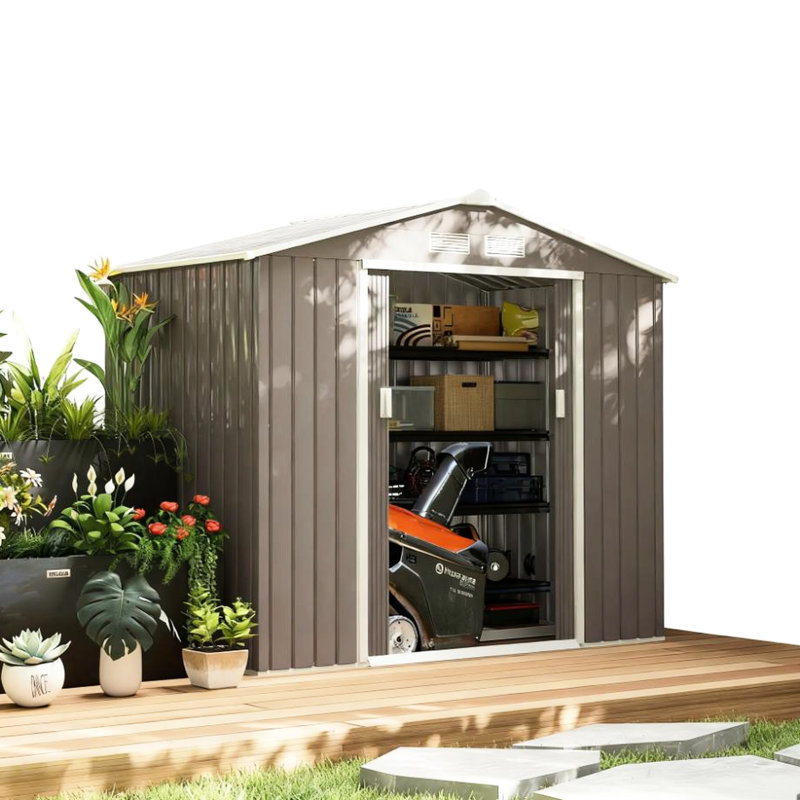 Metal Garden Tool Shed With Sloped Roof 6.7' L X 3.8' W 6.1' H Spacious For Storage Gray Secure Home Organization