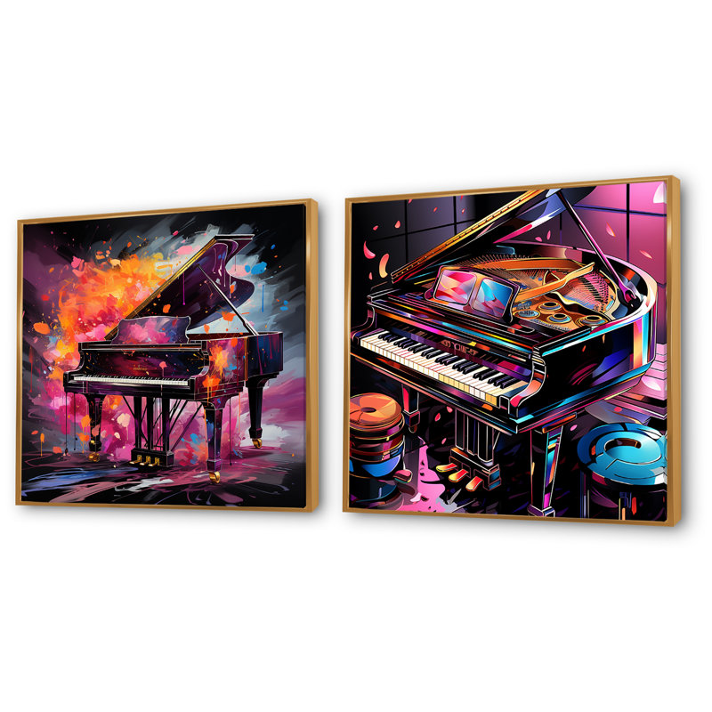 Ensemble de 2 impressions sur toile mauves d'un piano à queue I - Music Piano, Cadre flottant doré