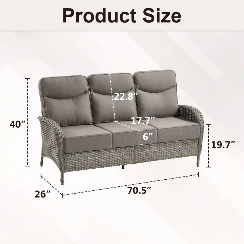 Canapé d'extérieur en rotin de rotin avec coussins épais de 6 po, Gris, Grey