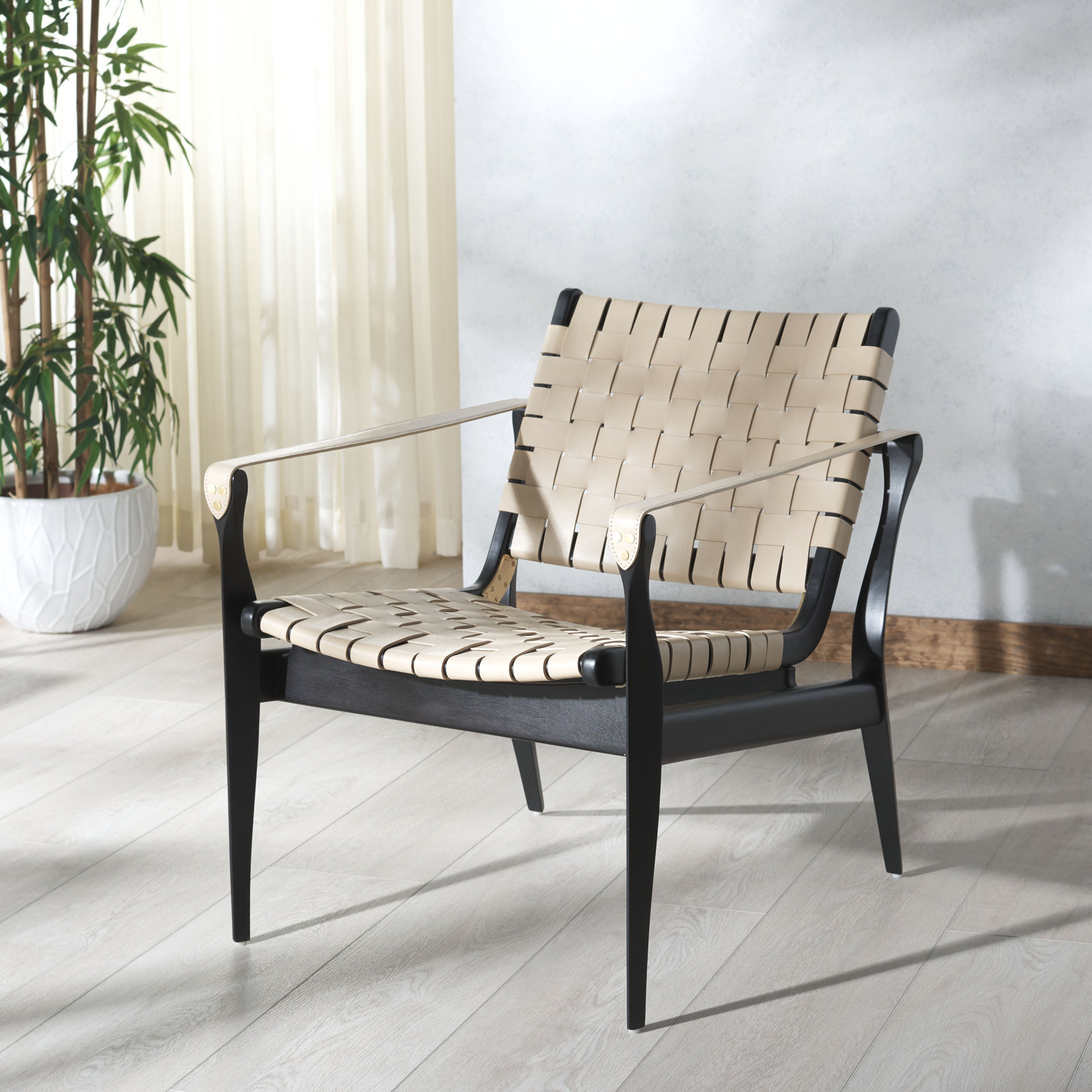 Kenan Mahogany Genuine Leather Armchair, White Genuine Leather, Black