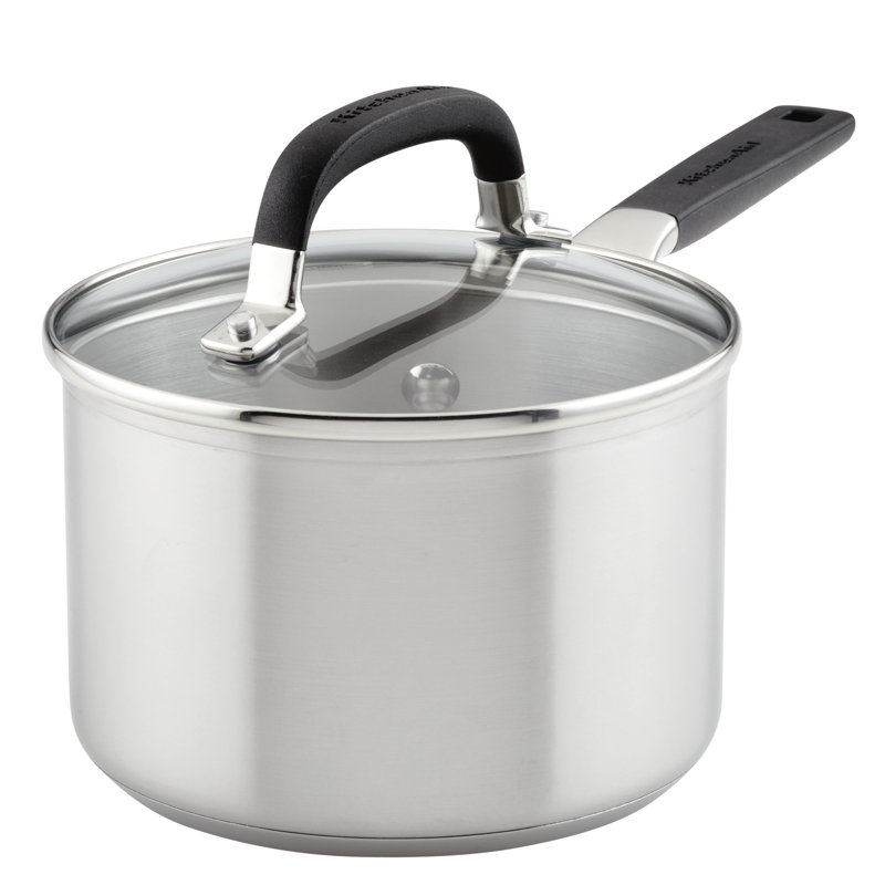 Casserole à induction en acier inoxydable avec marques de mesure et couvercle KitchenAid, 2 pintes