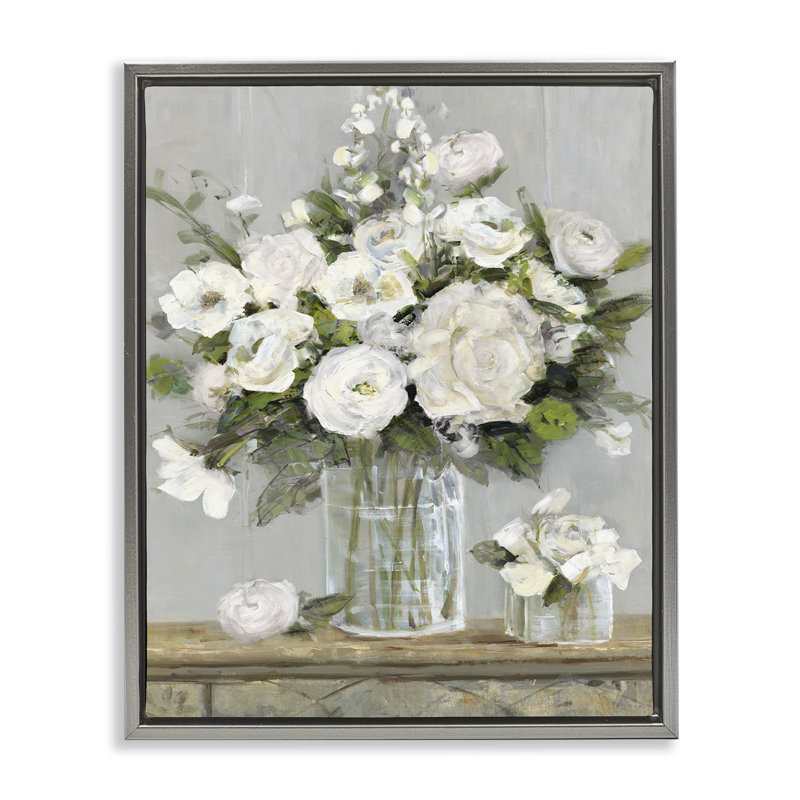 Fleurs blanches champêtre, H 25 po x l 31 po, Cadre flottant gris lustré