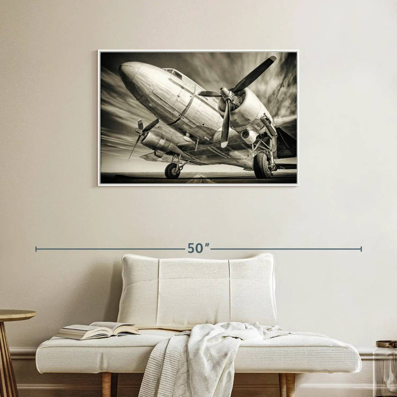 Avion rétro monochrome, Cadre flottant blanc, 37 po x 25 po