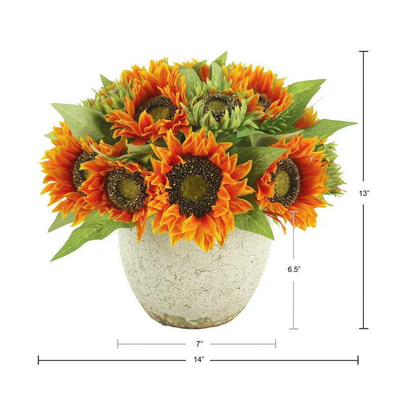 Sunflowers in Distressed Glaze Ceramic Pot, Orange
