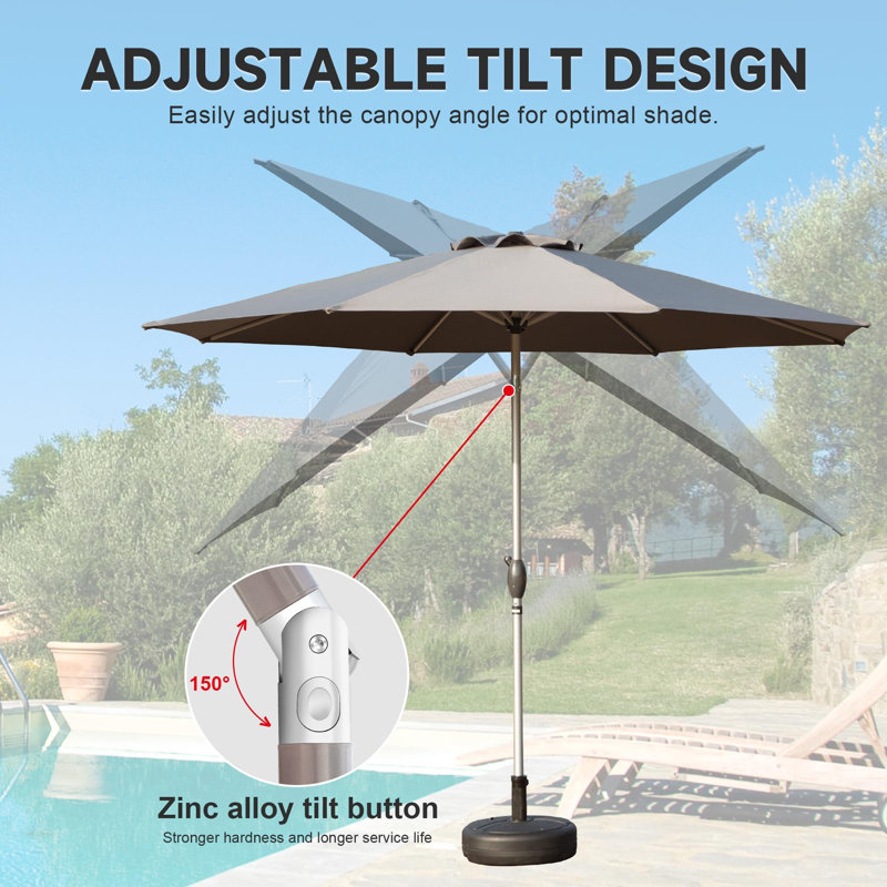Parasol de patio de 9 pi avec bouton poussoir et protection contre les rayons UV, Gris