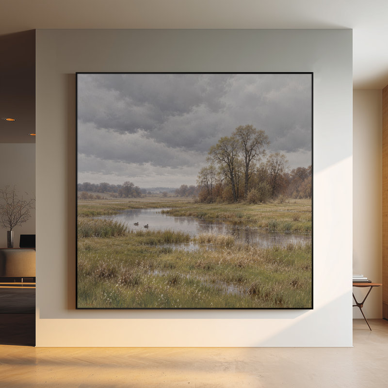 Impression sur tissu grand format - Ruisseau marécageux et arbres d'automne pour salon ou chambre - « Assemblage du cadre requis (cadre non fini) »