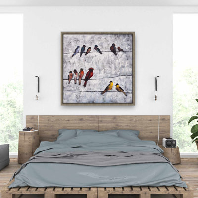Oiseaux colorés sur des branches - Art contemporain encadré