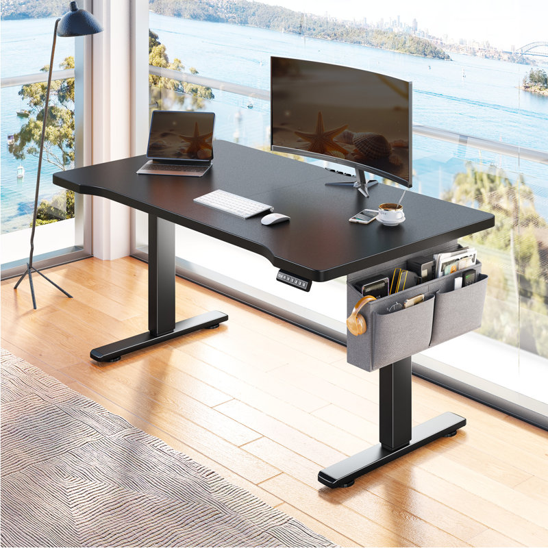 Electric Height Adjustable Standing Desk With Storage, Home Office Computer Desk With Led Lights, Black, Black