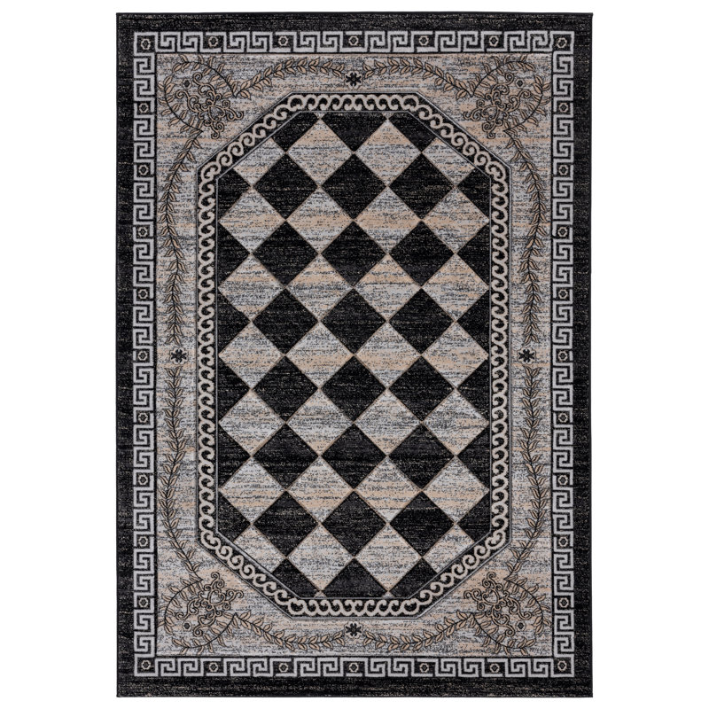 Tapis géométrique noir / beige Demaris, Rectangle 2 pi 1 po x 3 pi 3 po