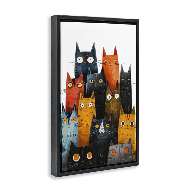 «Fun Peeking Cat faces», toile flottante encadrée brune par Roozbeh Bahramali, H 25 po x l 17 po, Cadre flottant noir de jais
